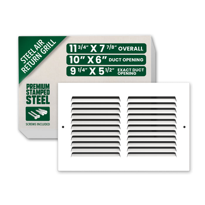 10” x 6” Air Return Grille - Heavy-Duty Steel, Louvered, Matte White, Easy Install Kit