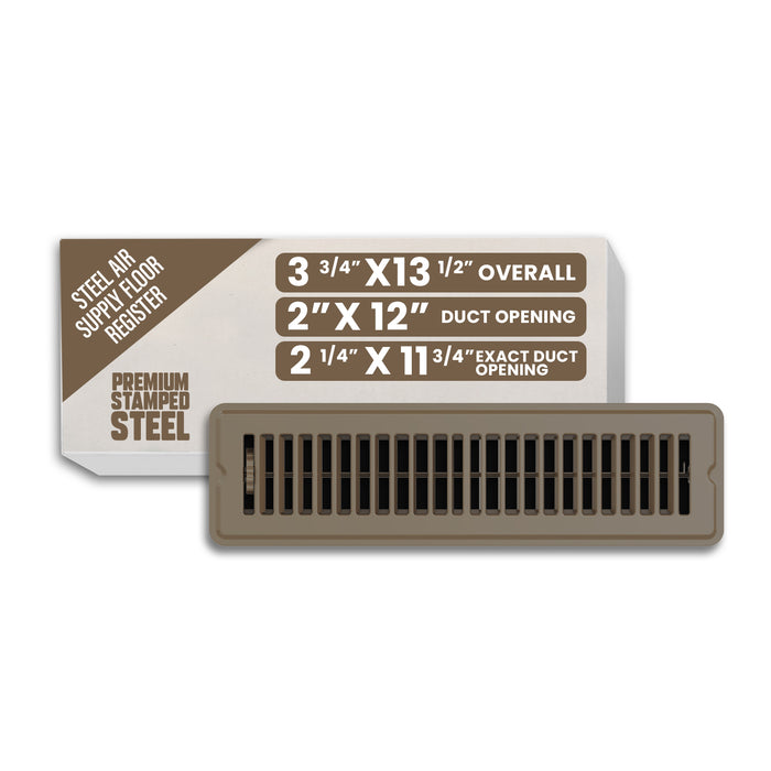 2” x 12” Floor Register - Heavy-Duty Steel, Adjustable Airflow, Brown Vent Cover
