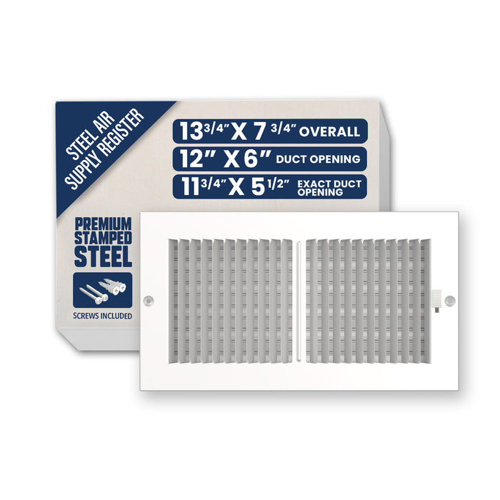 12" x 6" Air Supply Vent Cover - Solid Steel Grille for Wall & Ceiling, White Finish