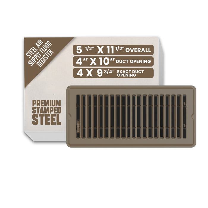 4” x 10” Floor Register - Heavy-Duty Steel, Adjustable Airflow, Brown Vent Cover