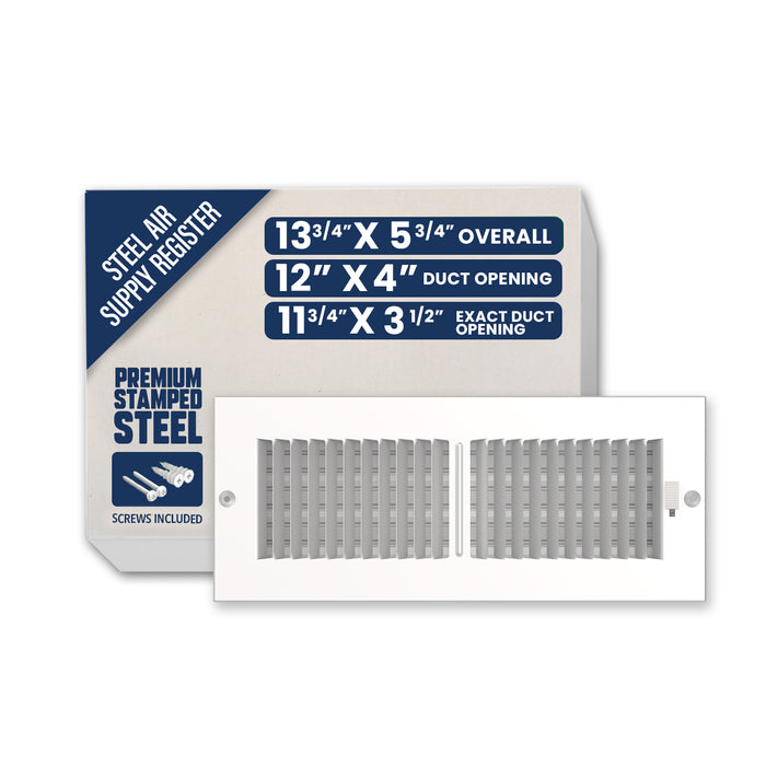 12" x 4" Air Supply Vent Cover - Solid Steel Grille for Wall & Ceiling, White Finish