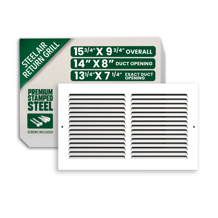 14” x 8” Air Return Grille - Heavy-Duty Steel, Louvered, Matte White, Easy Install Kit