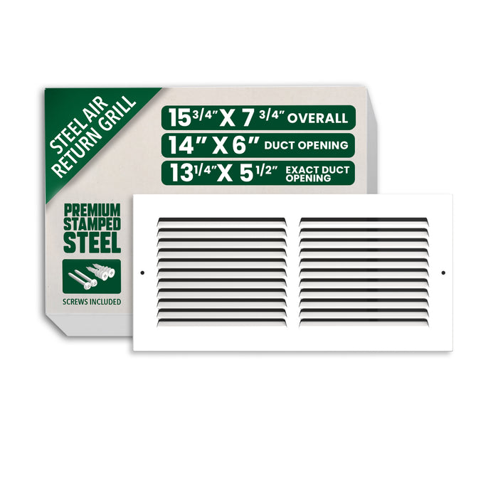 14” x 6” Air Return Grille - Heavy-Duty Steel, Louvered, Matte White, Easy Install Kit