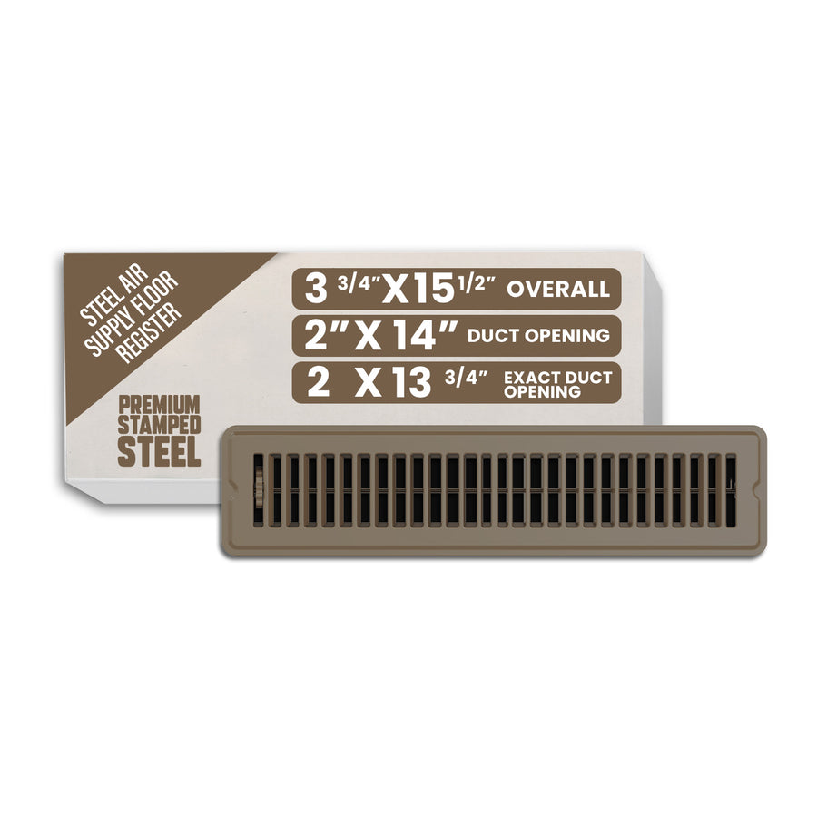 2” x 14” Floor Register - Heavy-Duty Steel, Adjustable Airflow, Brown Vent Cover view 1 of 7