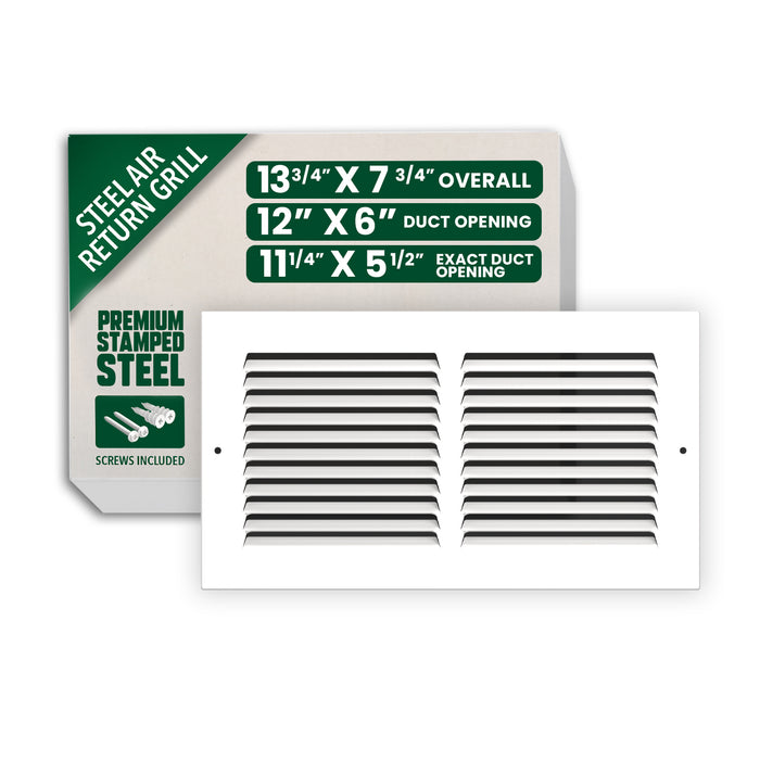 12” x 6” Air Return Grille - Heavy-Duty Steel, Louvered, Matte White, Easy Install Kit