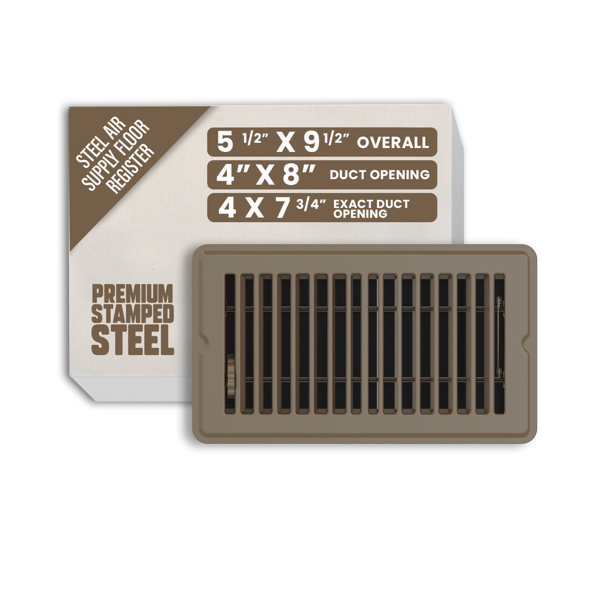 4” x 8” Floor Register - Heavy-Duty Steel, Adjustable Airflow, Brown Vent Cover