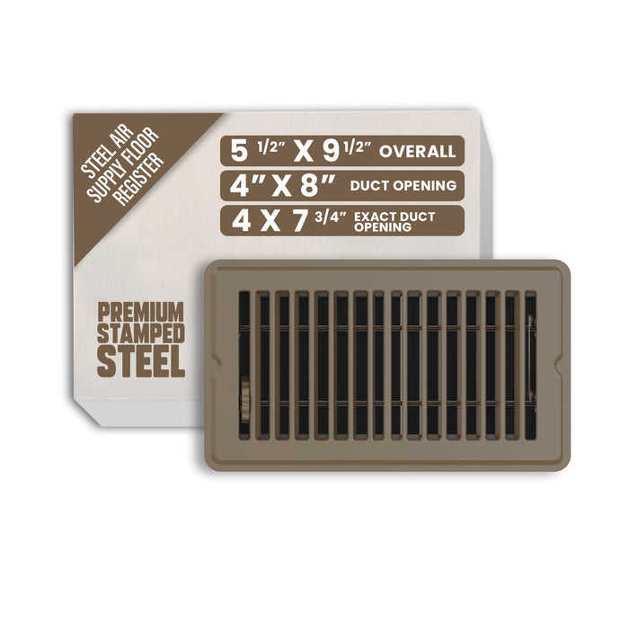 4” x 8” Floor Register - Heavy-Duty Steel, Adjustable Airflow, Brown Vent Cover