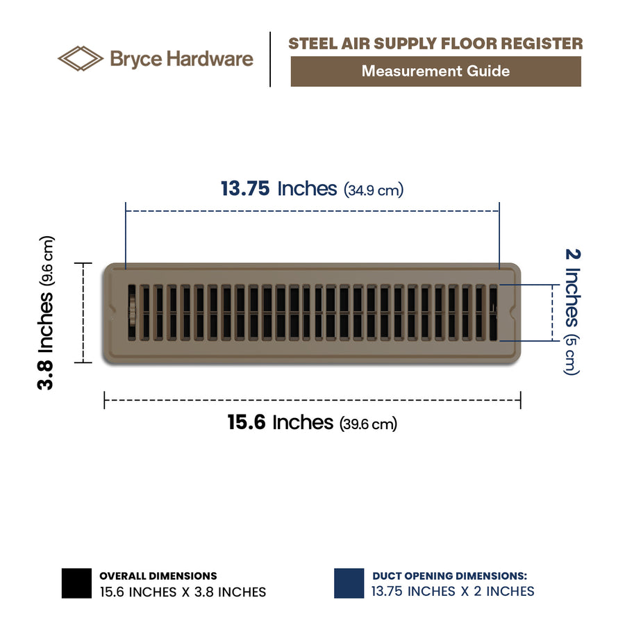 2” x 14” Floor Register - Heavy-Duty Steel, Adjustable Airflow, Brown Vent Cover view 2 of 7