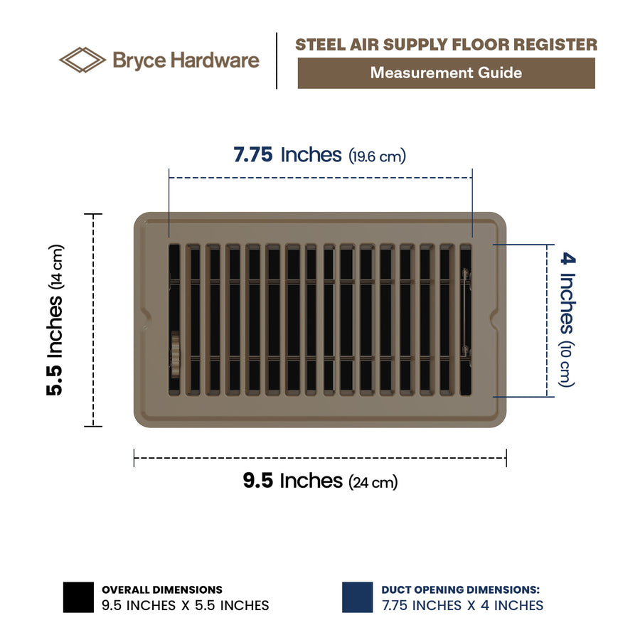 4” x 8” Floor Register - Heavy-Duty Steel, Adjustable Airflow, Brown Vent Cover view 2 of 7