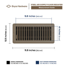4” x 10” Floor Register - Heavy-Duty Steel, Adjustable Airflow, Brown Vent Cover view 2