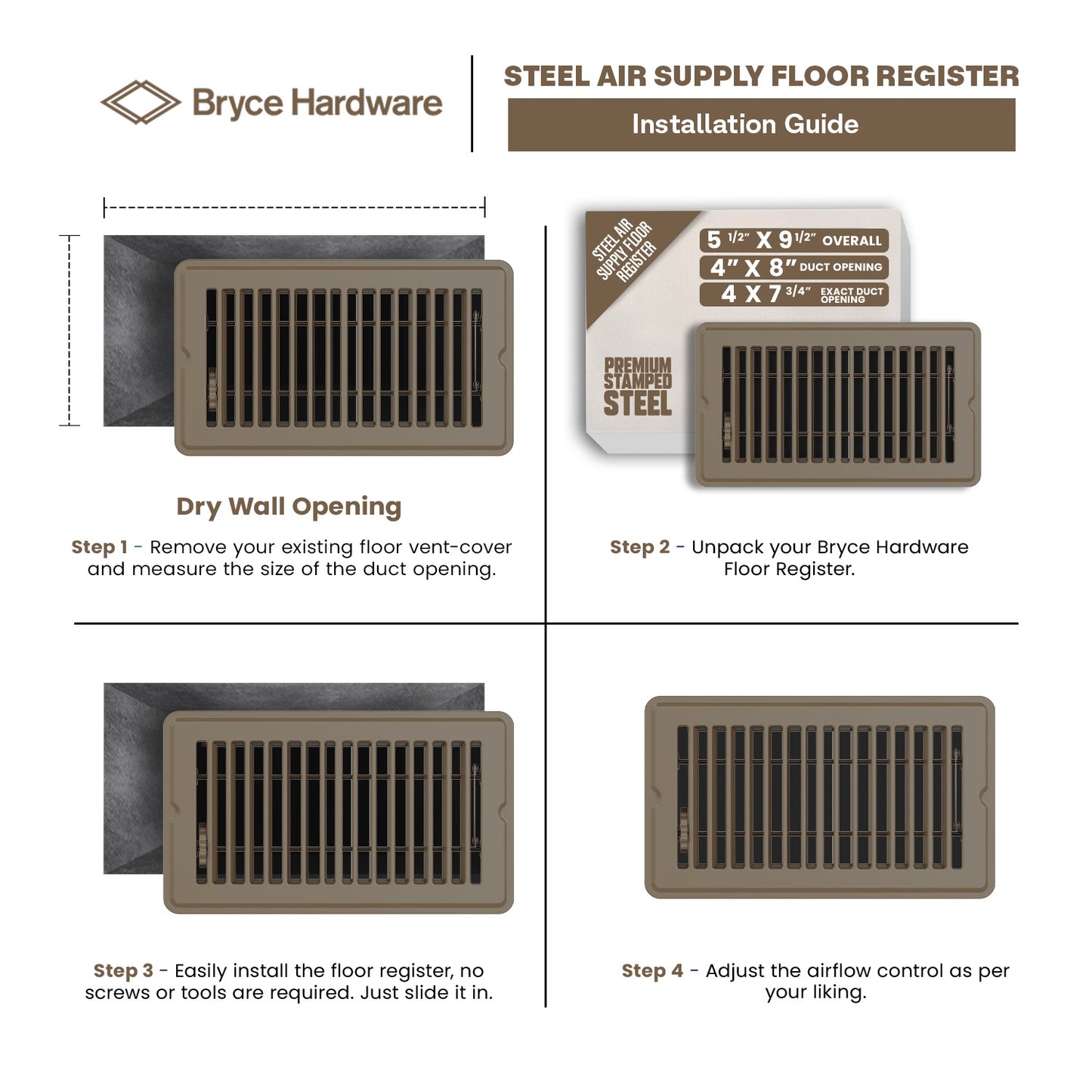 4” x 8” Floor Register - Heavy-Duty Steel, Adjustable Airflow, White Vent Cover