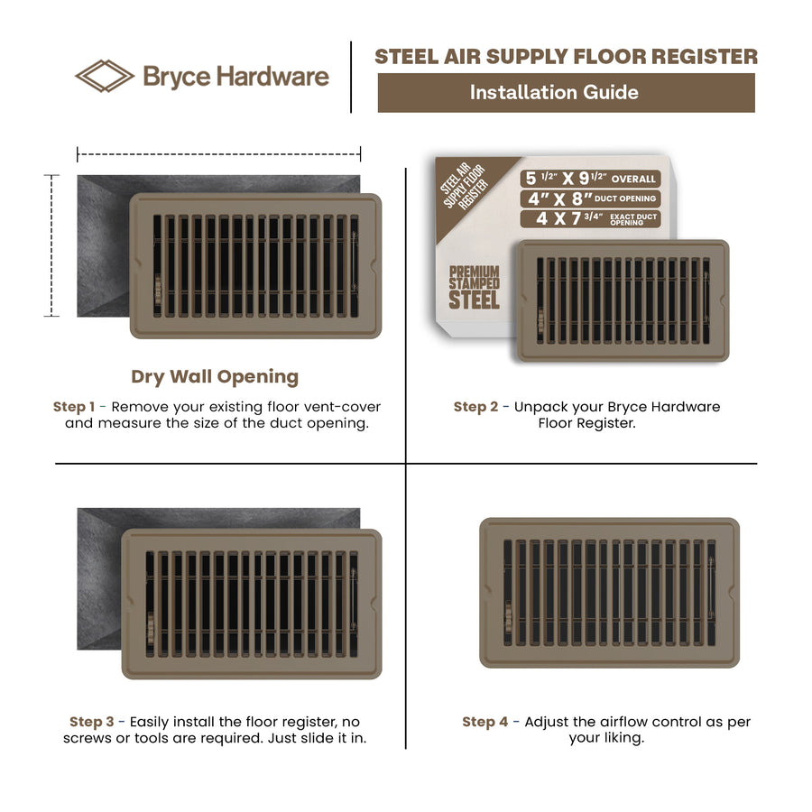 4” x 8” Floor Register - Heavy-Duty Steel, Adjustable Airflow, Brown Vent Cover view 3 of 7