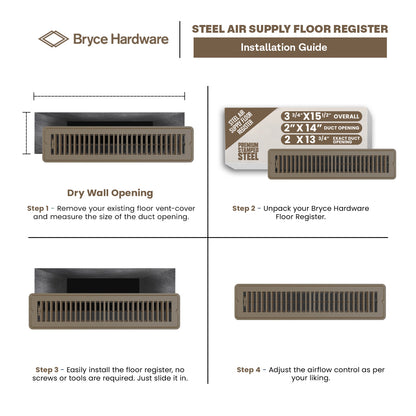 2” x 14” Floor Register - Heavy-Duty Steel, Adjustable Airflow, White Vent Cover