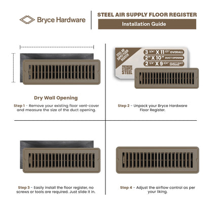 2” x 10” Floor Register - Heavy-Duty Steel, Adjustable Airflow, White Vent Cover
