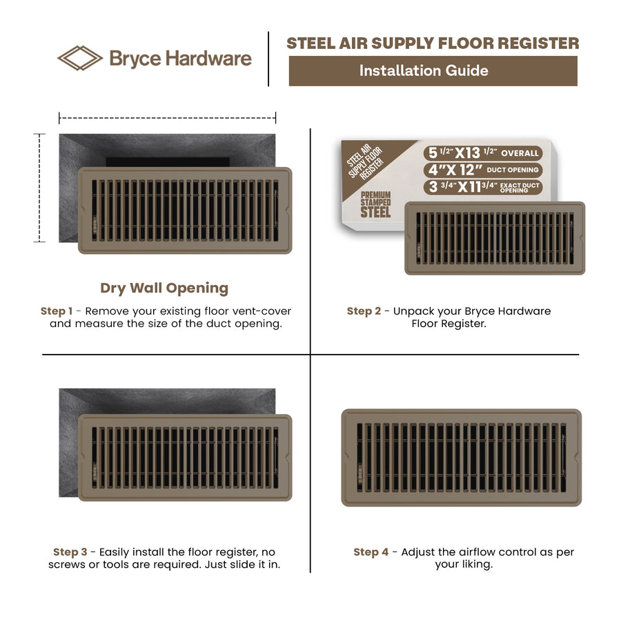 4” x 12” Floor Register - Heavy-Duty Steel, Adjustable Airflow, Brown Vent Cover view 3 of 7