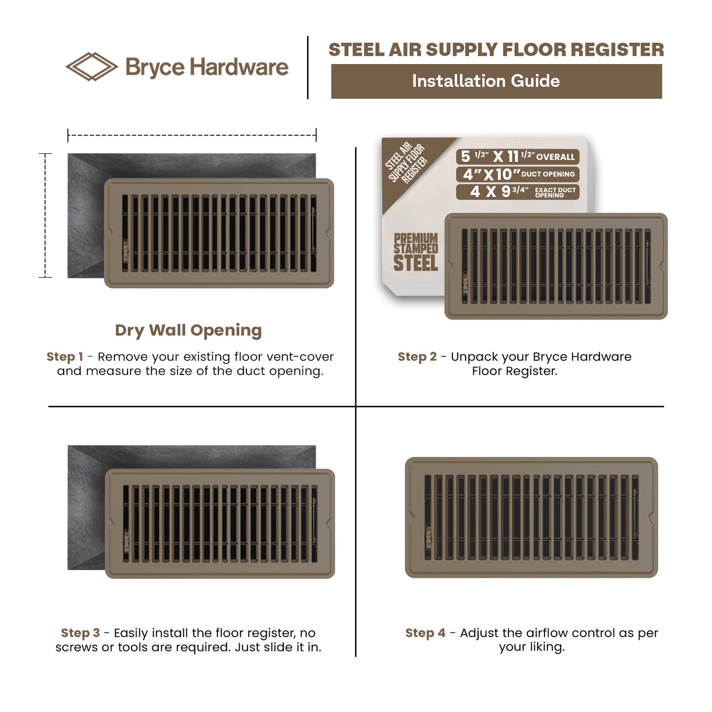 4” x 10” Floor Register - Heavy-Duty Steel, Adjustable Airflow, White Vent Cover