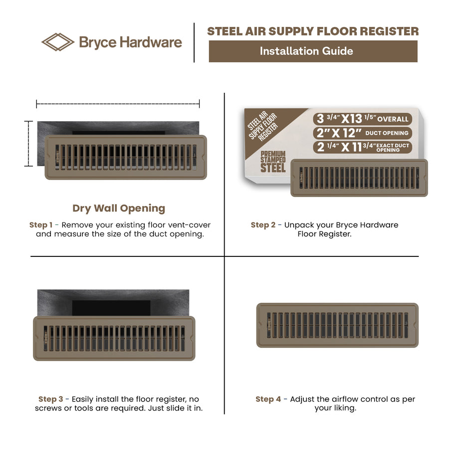 2” x 12” Floor Register - Heavy-Duty Steel, Adjustable Airflow, Brown Vent Cover view 3 of 7
