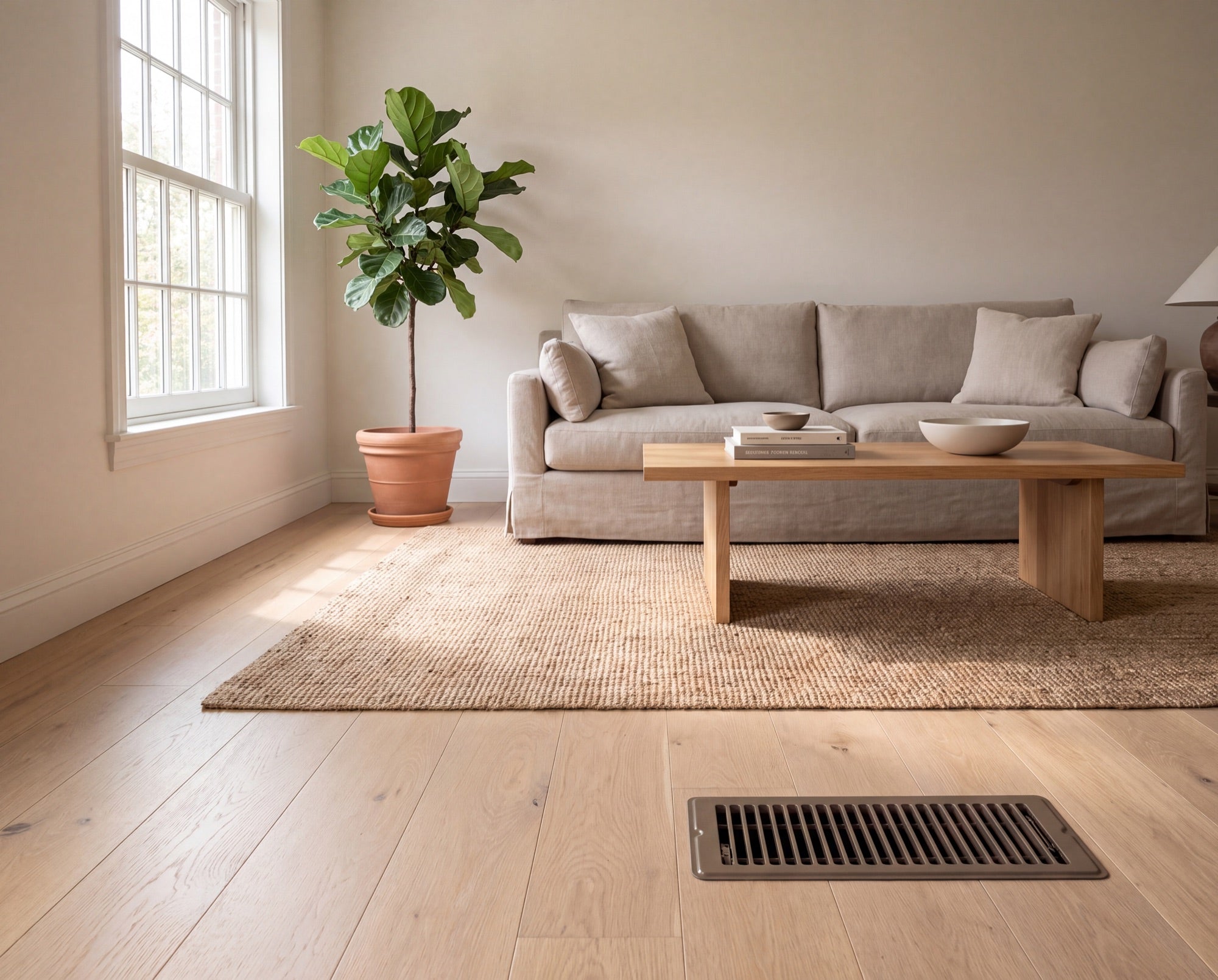 Brown steel floor register set flush into an oak floor